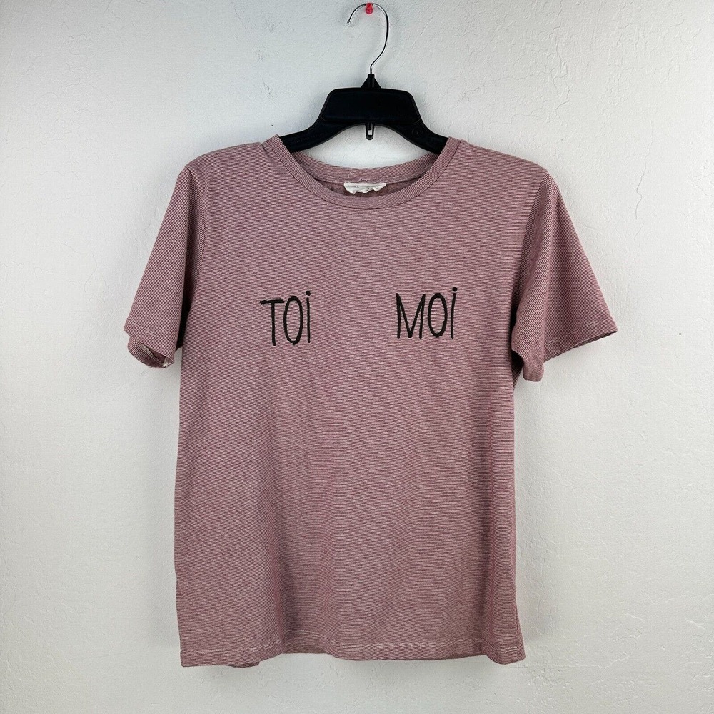 Zara Trafaluc Tee Womens‎ M Red White Toi Moi Striped Short Sleeve Embroidered
